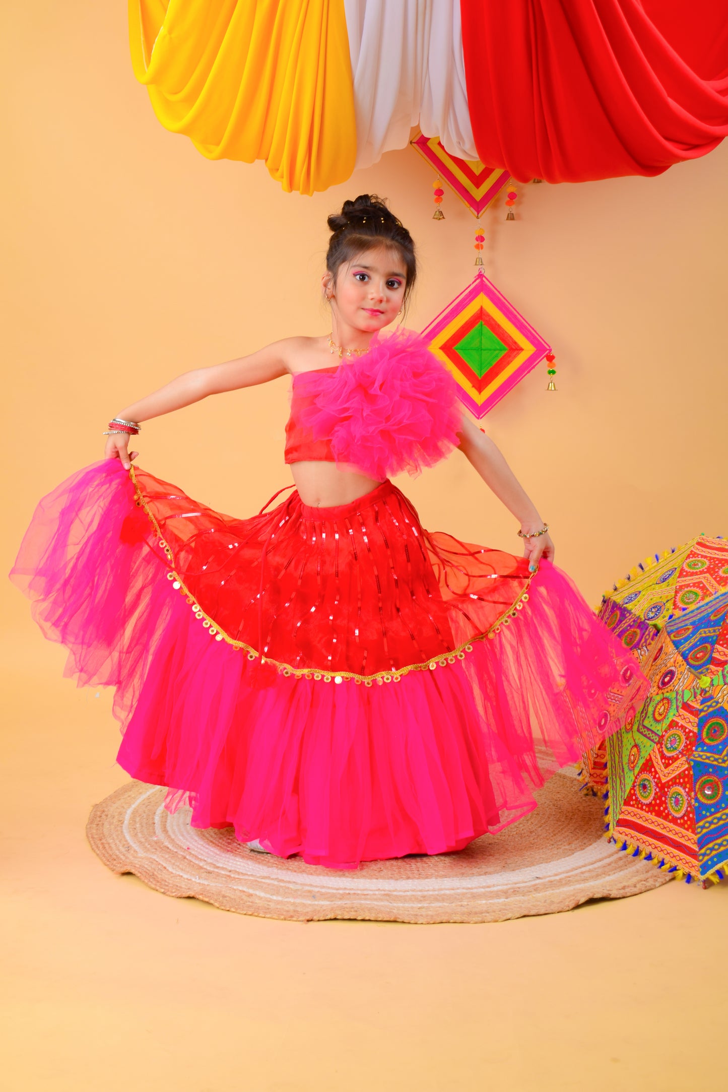 One shoulder crop top and skirt for girls