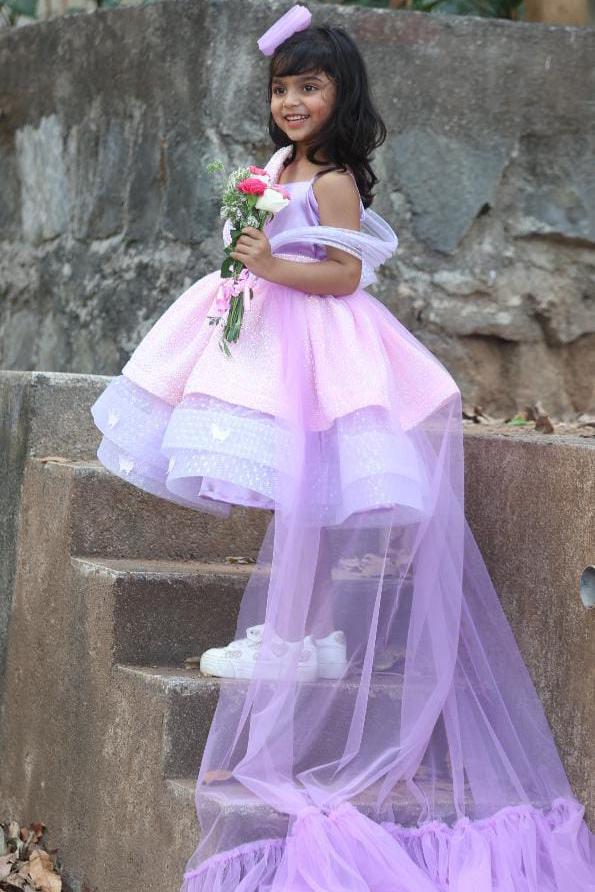 Multilayer frock for girls with detachable trail