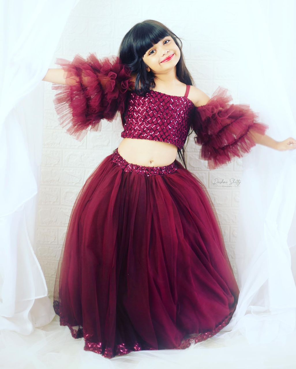 Embroidered crop-top for girls with full flared skirt