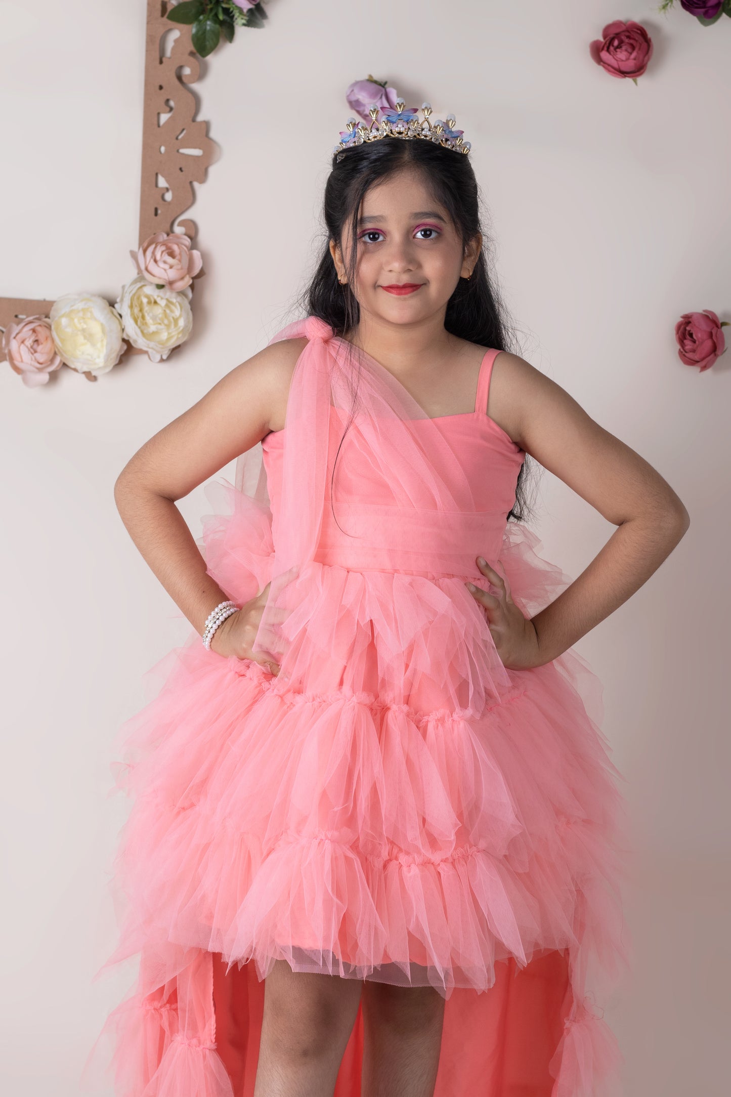 Feather ruffle high-low gown