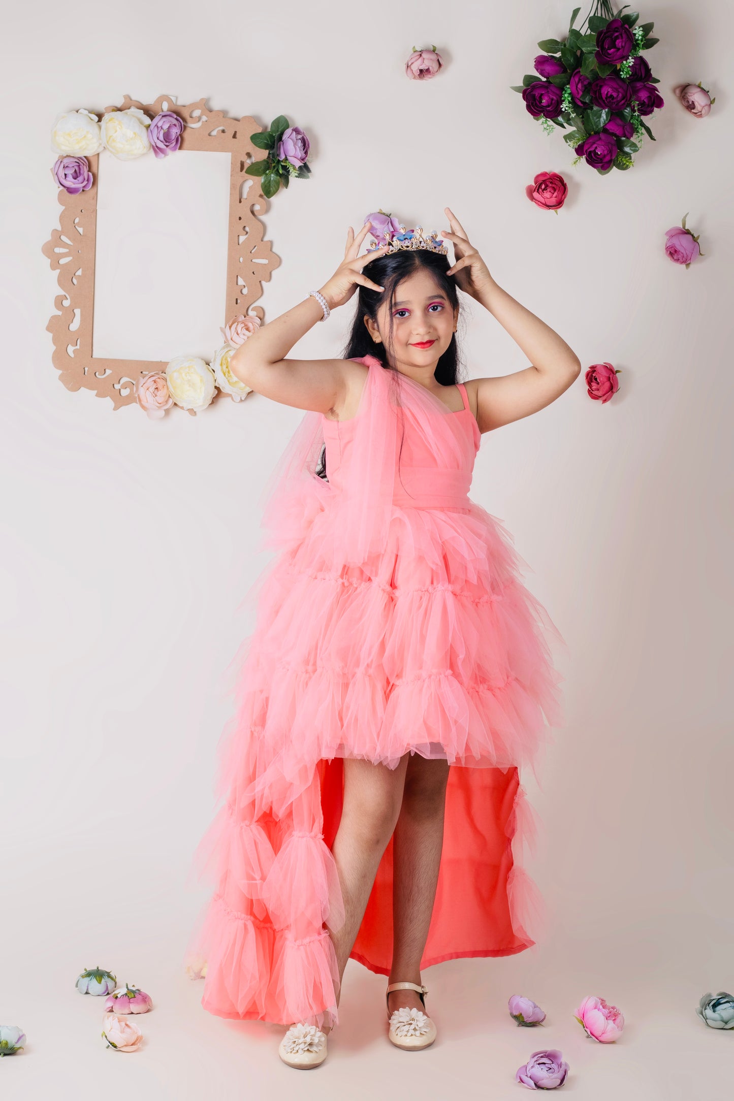 Feather ruffle high-low gown