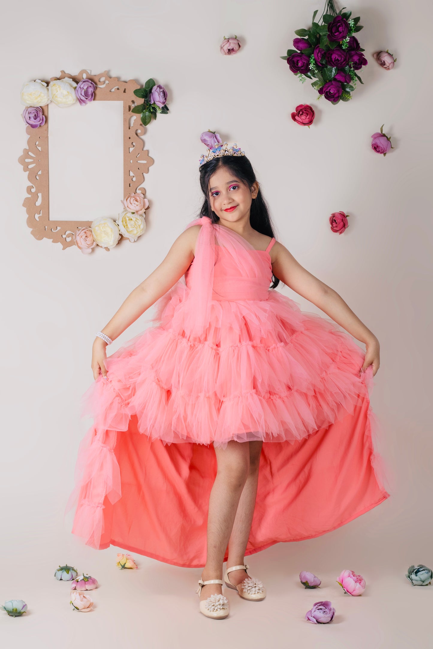 Feather ruffle high-low gown