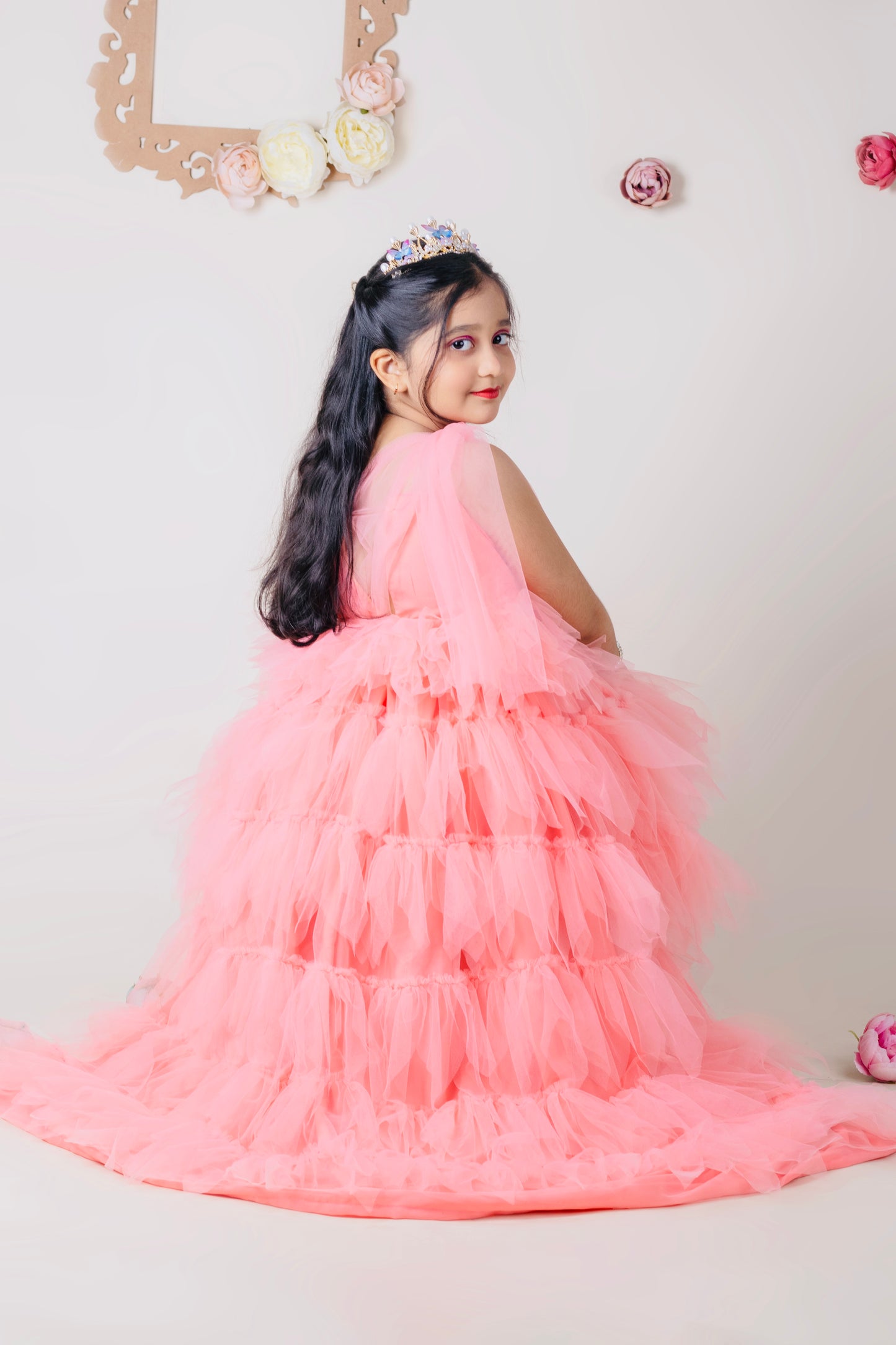 Feather ruffle high-low gown