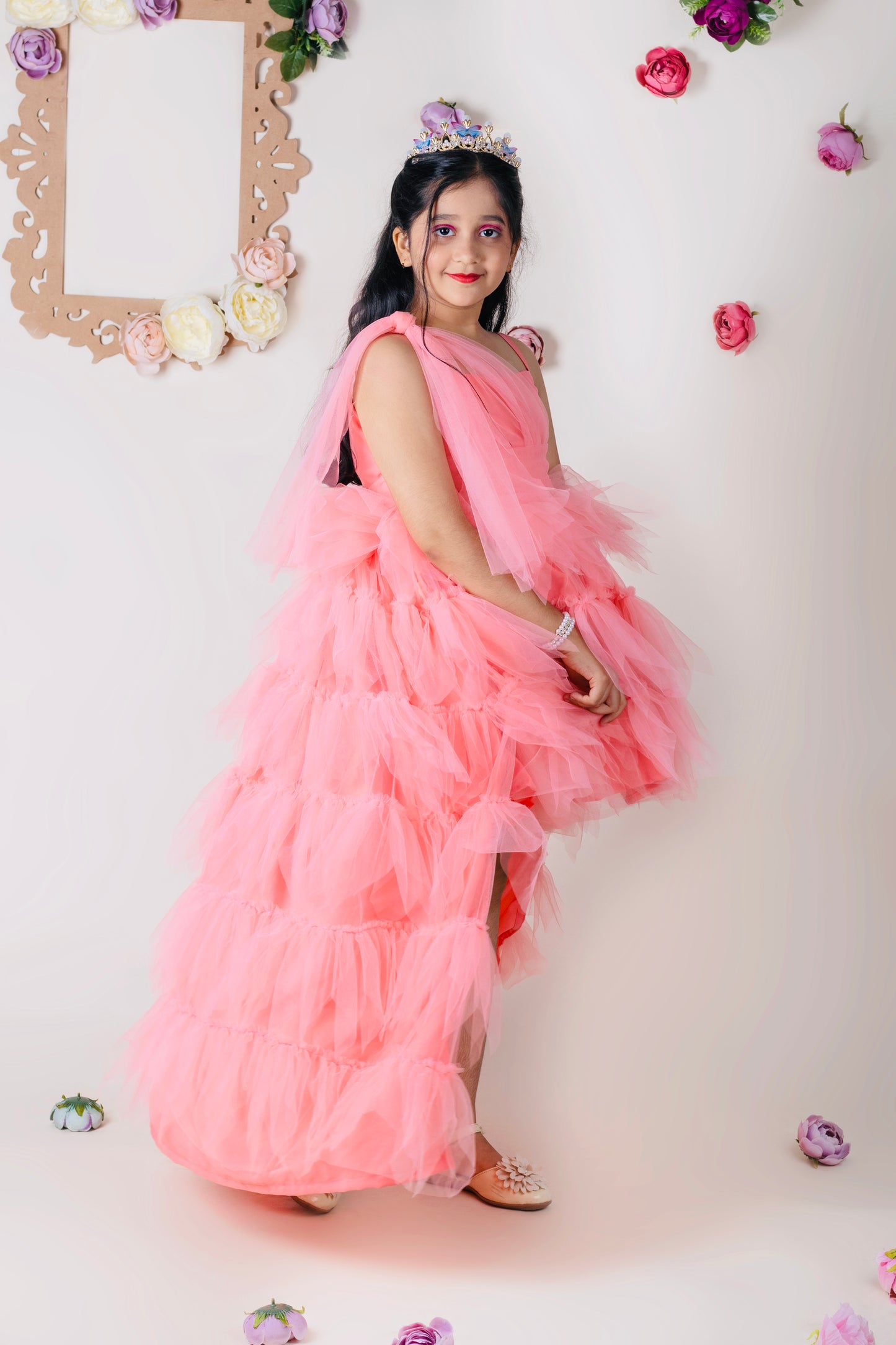 Feather ruffle high-low gown
