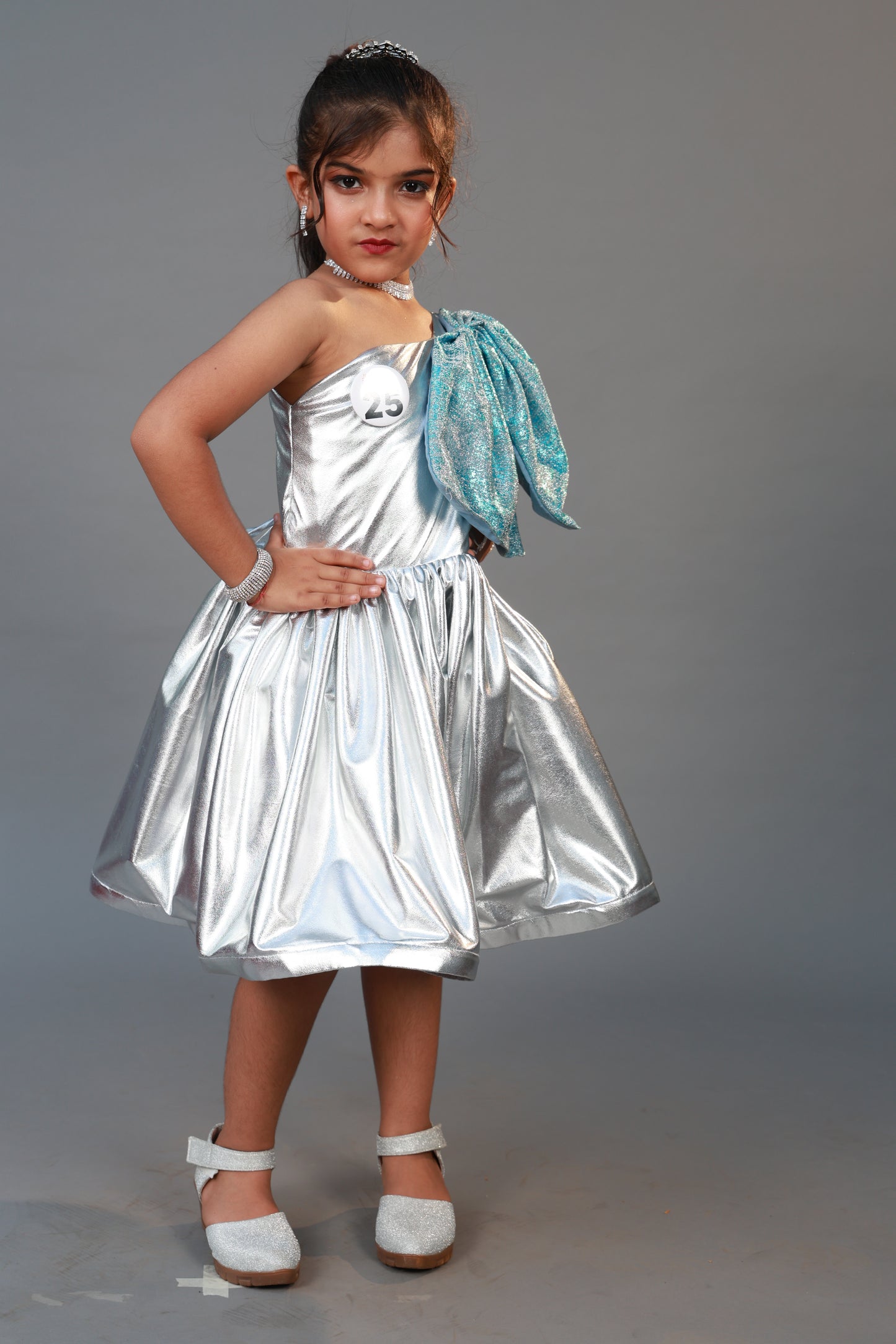 One Shoulder Silver dress with contrast bow