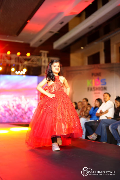 Red ball gown for girls with high-low pattern