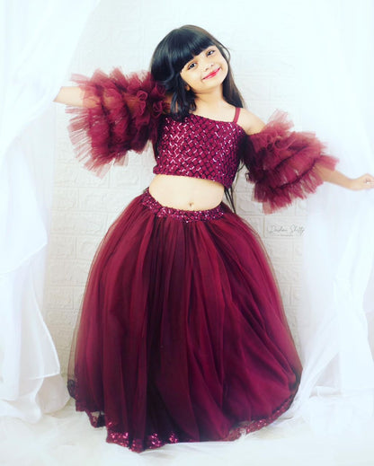 Embroidered crop-top for girls with full flared skirt