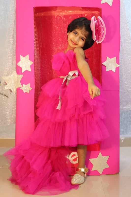 Flare kneel-length dress for girls with detachable ruffle trail