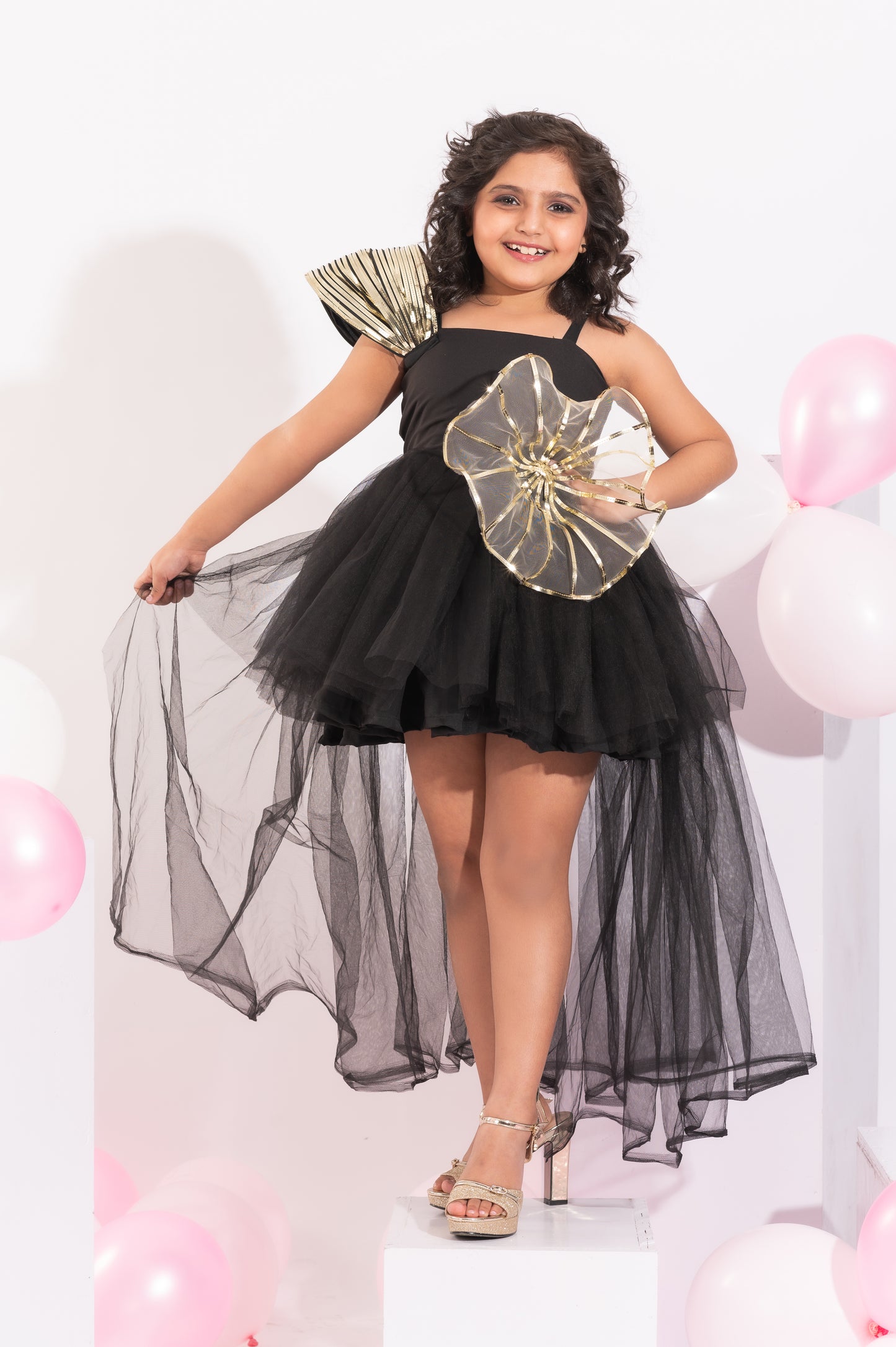 Black High low dress with metallic detailing for girls